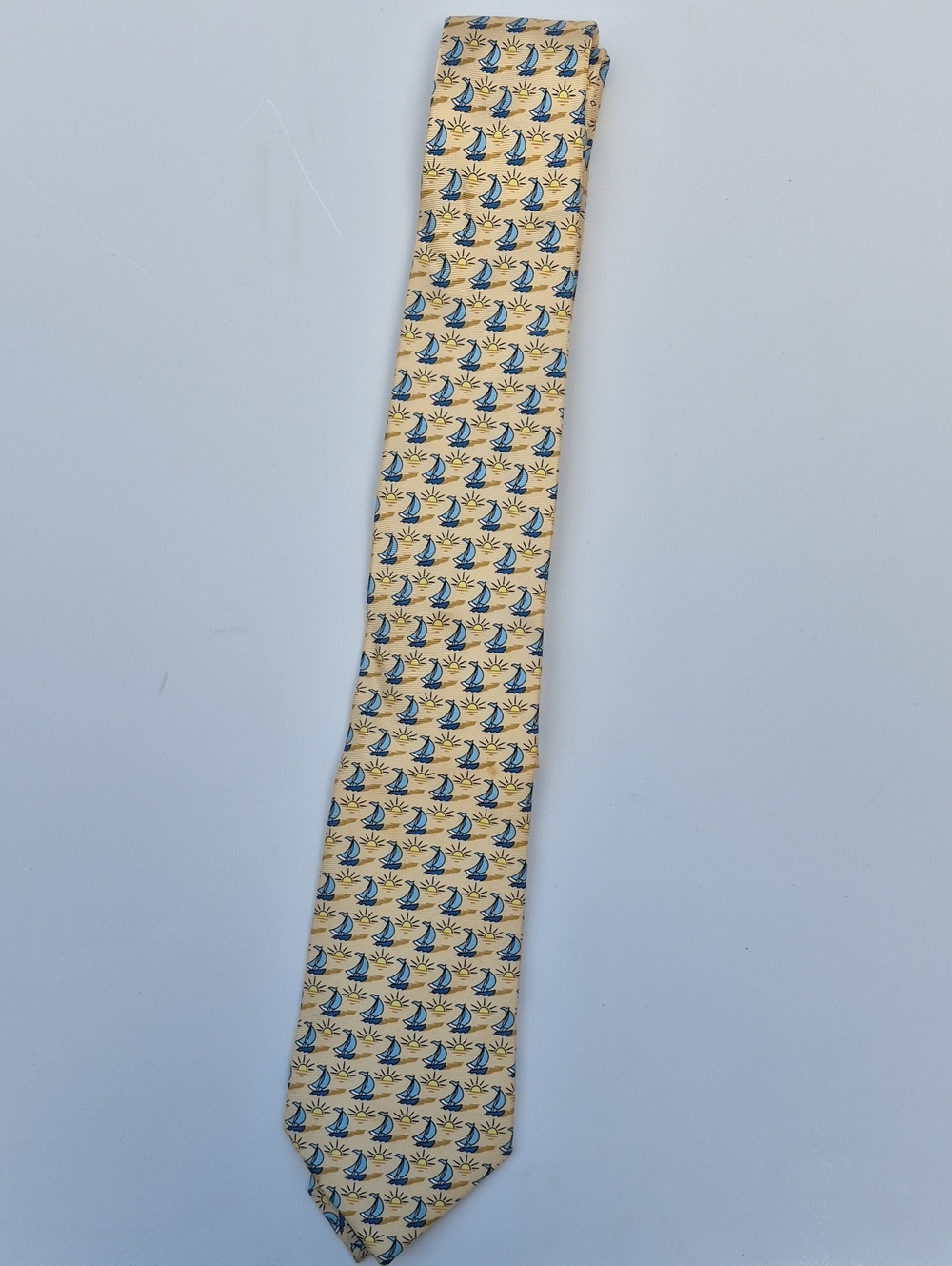 greendog Yellow Tie with Blue Sailboat Pattern